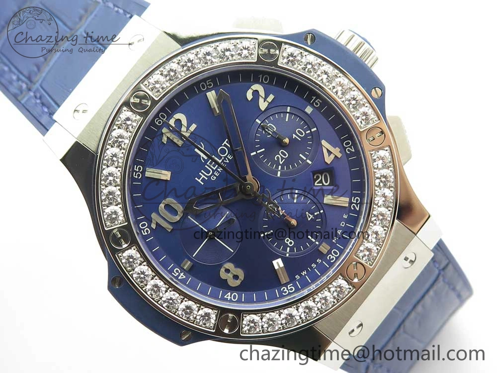 Big Bang 44mm SS V6F 1:1 Best Edition Blue Dial Diamonds Bezel on Blue Gummy Strap HUB4104