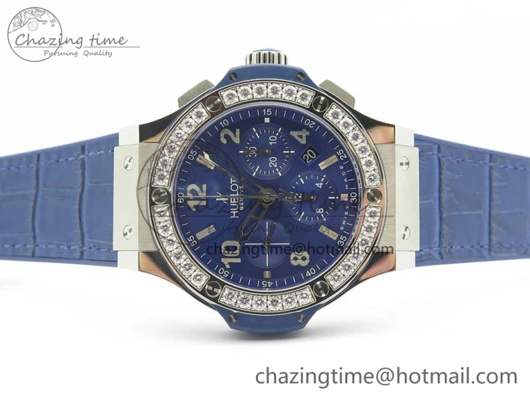 Big Bang 44mm SS V6F 1:1 Best Edition Blue Dial Diamonds Bezel on Blue Gummy Strap HUB4104