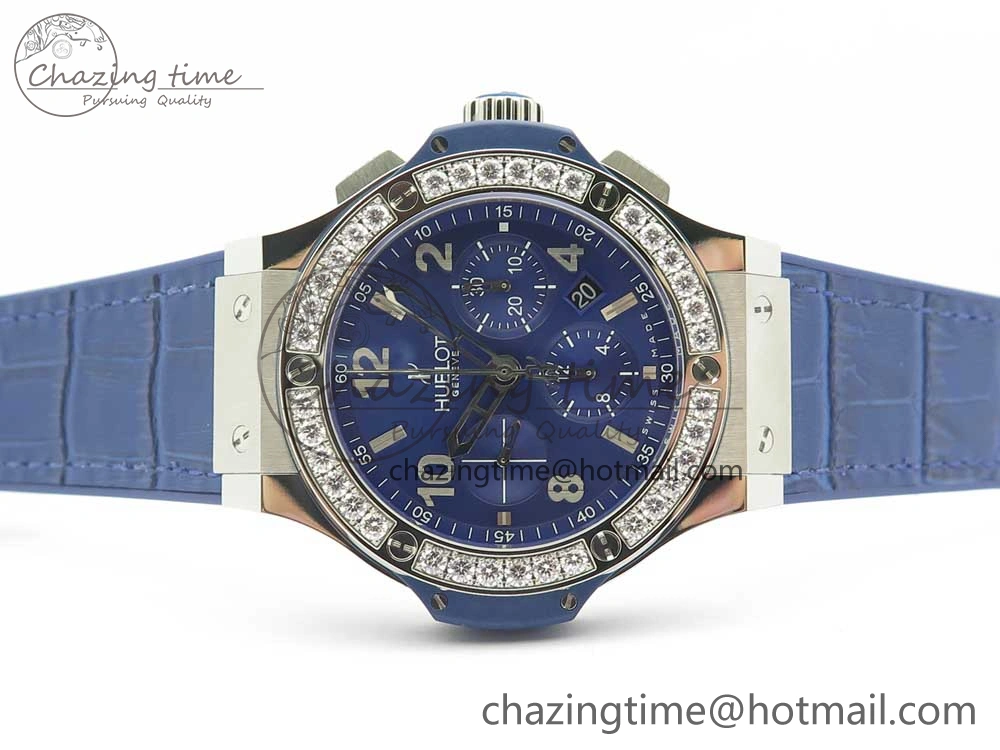 Big Bang 44mm SS V6F 1:1 Best Edition Blue Dial Diamonds Bezel on Blue Gummy Strap HUB4104