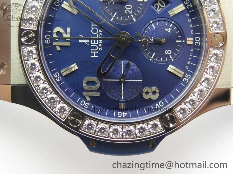 Big Bang 44mm SS V6F 1:1 Best Edition Blue Dial Diamonds Bezel on Blue Gummy Strap HUB4104