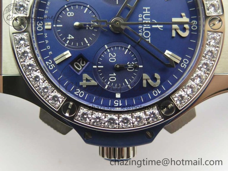 Big Bang 44mm SS V6F 1:1 Best Edition Blue Dial Diamonds Bezel on Blue Gummy Strap HUB4104