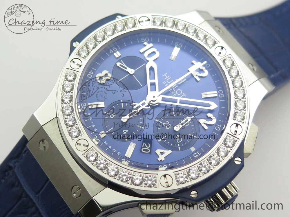 Big Bang 44mm SS V6F 1:1 Best Edition Blue Dial Diamonds Bezel on Blue Gummy Strap HUB4104