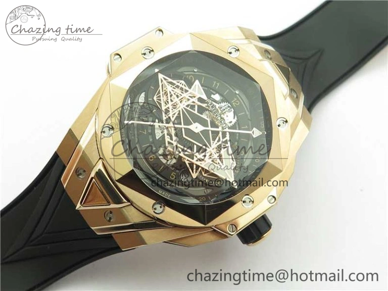 Big Bang Sang Bleu Chrono RG B50 Black Skeletonal Dial On Rubber Strap Asian 7750