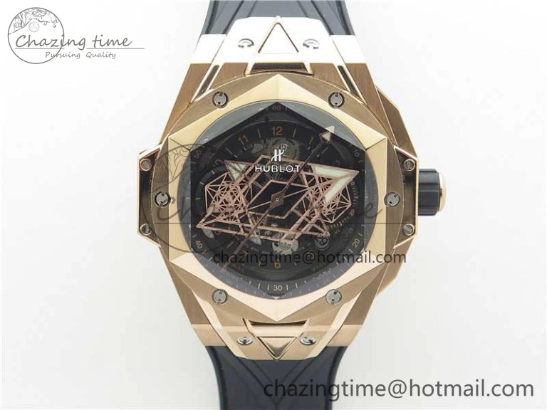 Big Bang Sang Bleu Chrono RG B50 Black Skeletonal Dial On Rubber Strap Asian 7750