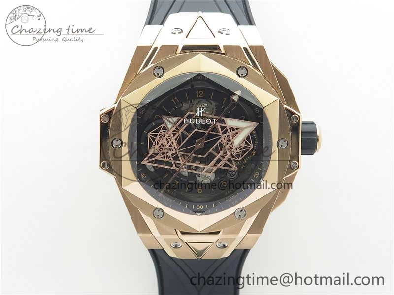 Big Bang Sang Bleu Chrono RG B50 Black Skeletonal Dial On Rubber Strap Asian 7750