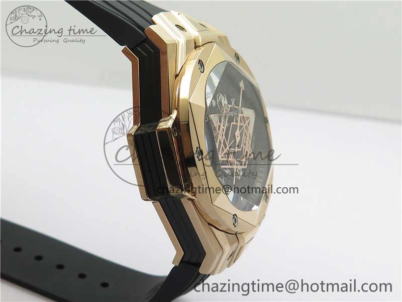 Big Bang Sang Bleu Chrono RG B50 Black Skeletonal Dial On Rubber Strap Asian 7750