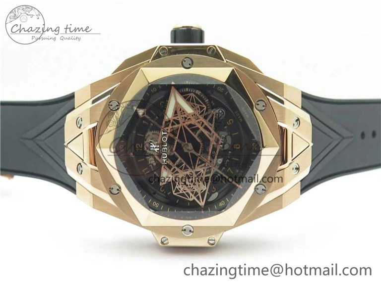 Big Bang Sang Bleu Chrono RG B50 Black Skeletonal Dial On Rubber Strap Asian 7750