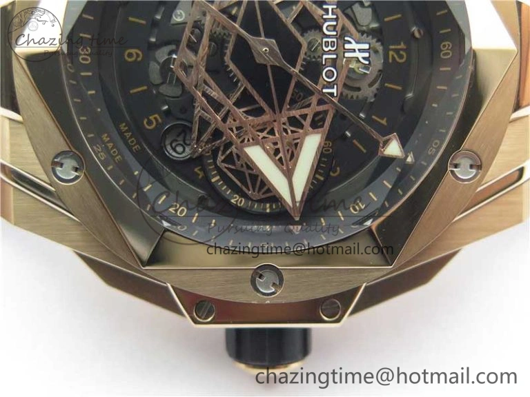 Big Bang Sang Bleu Chrono RG B50 Black Skeletonal Dial On Rubber Strap Asian 7750