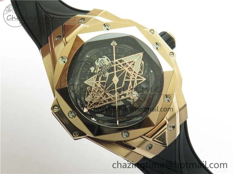 Big Bang Sang Bleu Chrono RG B50 Black Skeletonal Dial On Rubber Strap Asian 7750