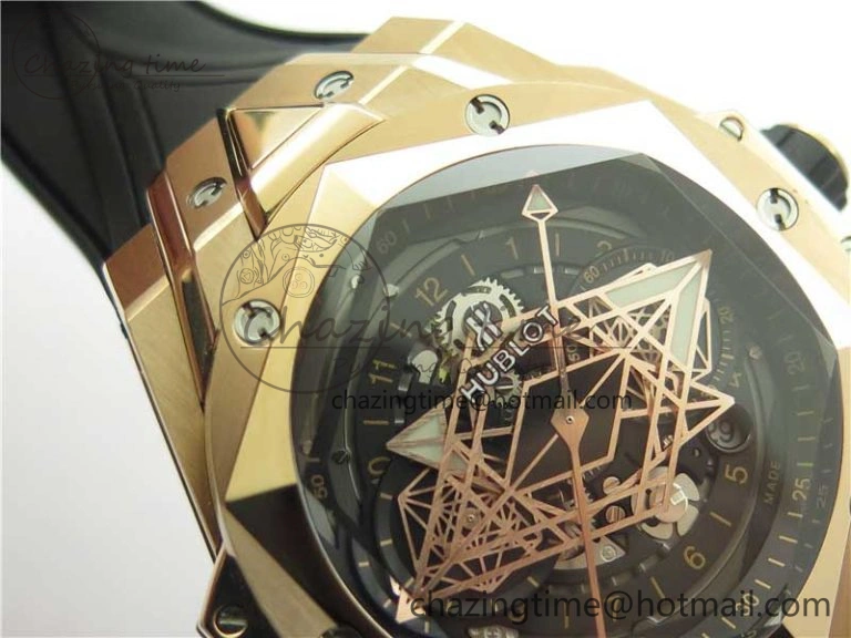 Big Bang Sang Bleu Chrono RG B50 Black Skeletonal Dial On Rubber Strap Asian 7750