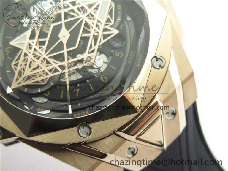Big Bang Sang Bleu Chrono RG B50 Black Skeletonal Dial On Rubber Strap Asian 7750