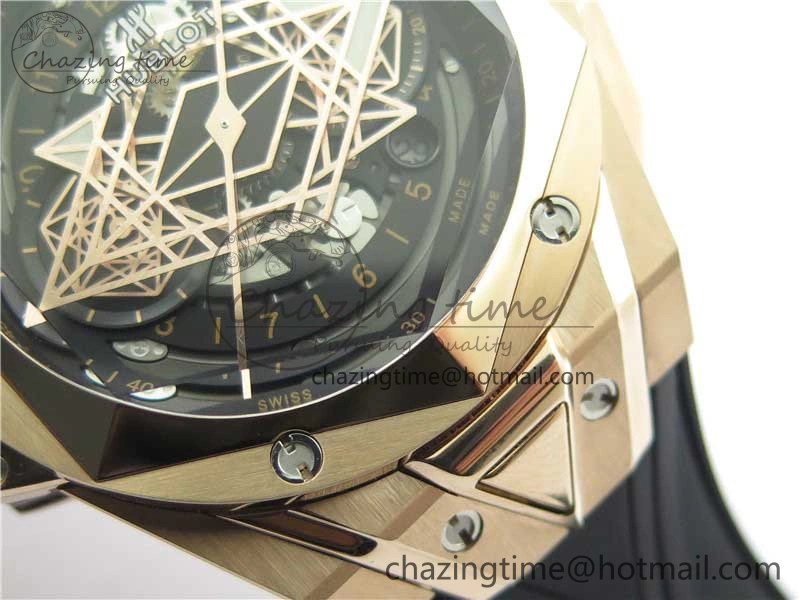 Big Bang Sang Bleu Chrono RG B50 Black Skeletonal Dial On Rubber Strap Asian 7750