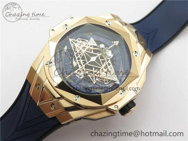 Big Bang Sang Bleu Chrono RG B50 Blue Skeletonal Dial On Rubber Strap Asian 7750