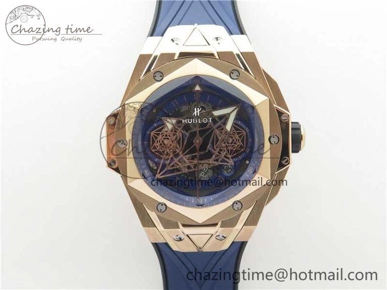 Big Bang Sang Bleu Chrono RG B50 Blue Skeletonal Dial On Rubber Strap Asian 7750