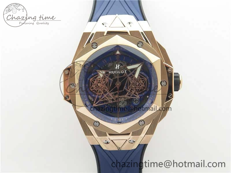 Big Bang Sang Bleu Chrono RG B50 Blue Skeletonal Dial On Rubber Strap Asian 7750
