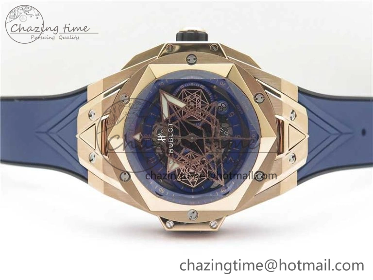 Big Bang Sang Bleu Chrono RG B50 Blue Skeletonal Dial On Rubber Strap Asian 7750