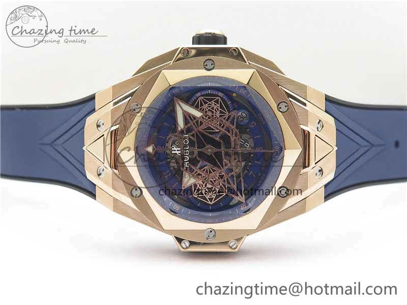Big Bang Sang Bleu Chrono RG B50 Blue Skeletonal Dial On Rubber Strap Asian 7750