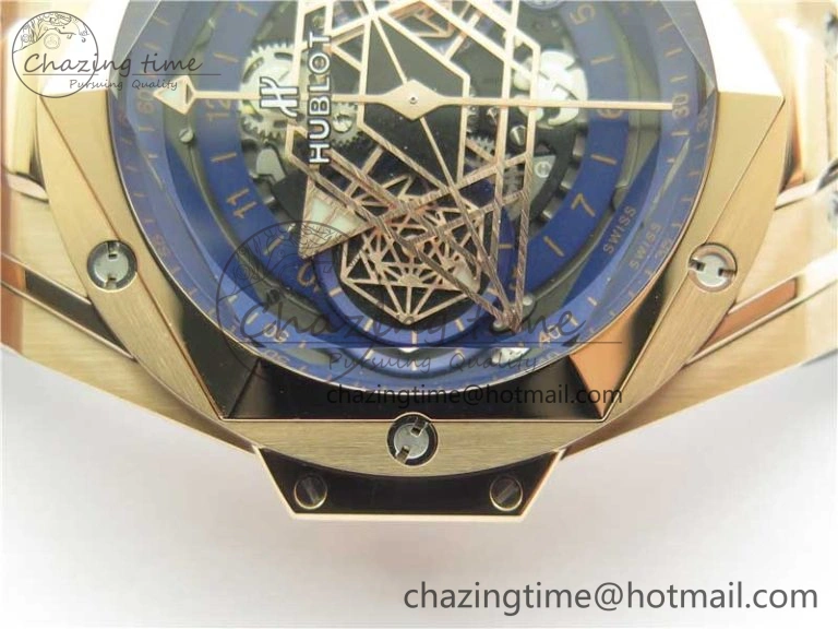 Big Bang Sang Bleu Chrono RG B50 Blue Skeletonal Dial On Rubber Strap Asian 7750