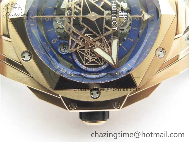 Big Bang Sang Bleu Chrono RG B50 Blue Skeletonal Dial On Rubber Strap Asian 7750