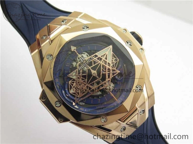 Big Bang Sang Bleu Chrono RG B50 Blue Skeletonal Dial On Rubber Strap Asian 7750