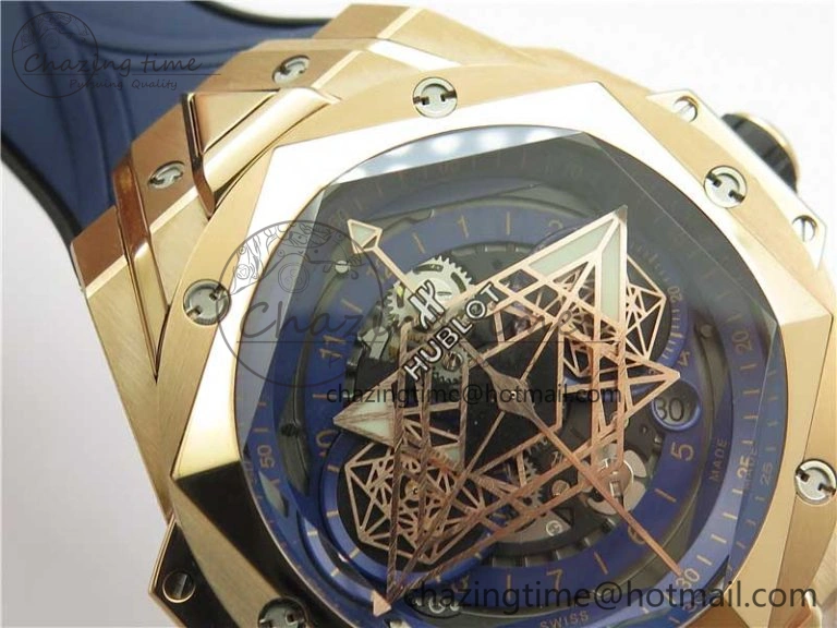 Big Bang Sang Bleu Chrono RG B50 Blue Skeletonal Dial On Rubber Strap Asian 7750
