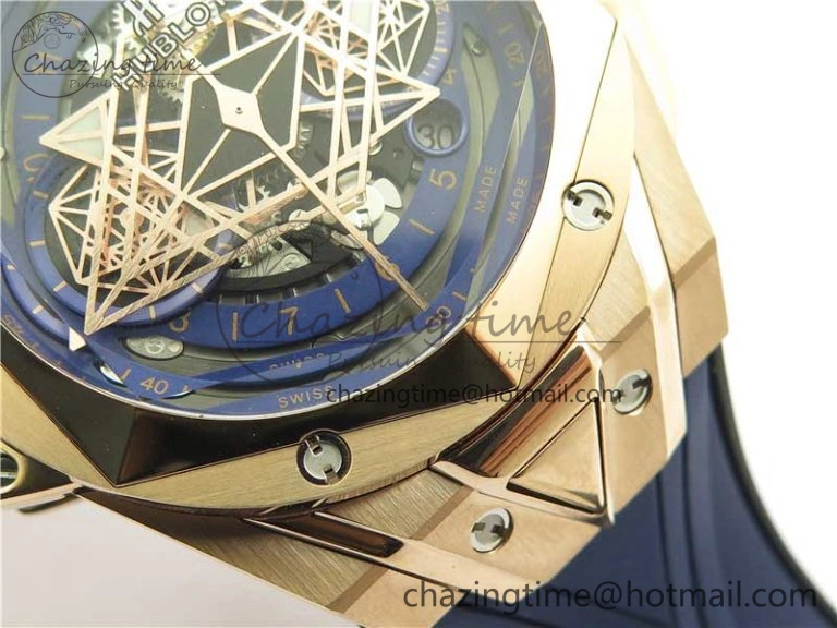 Big Bang Sang Bleu Chrono RG B50 Blue Skeletonal Dial On Rubber Strap Asian 7750