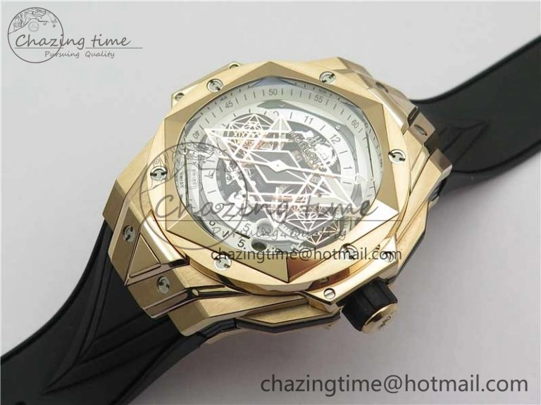 Big Bang Sang Bleu Chrono RG B50 White Skeletonal Dial On Rubber Strap Asian 7750