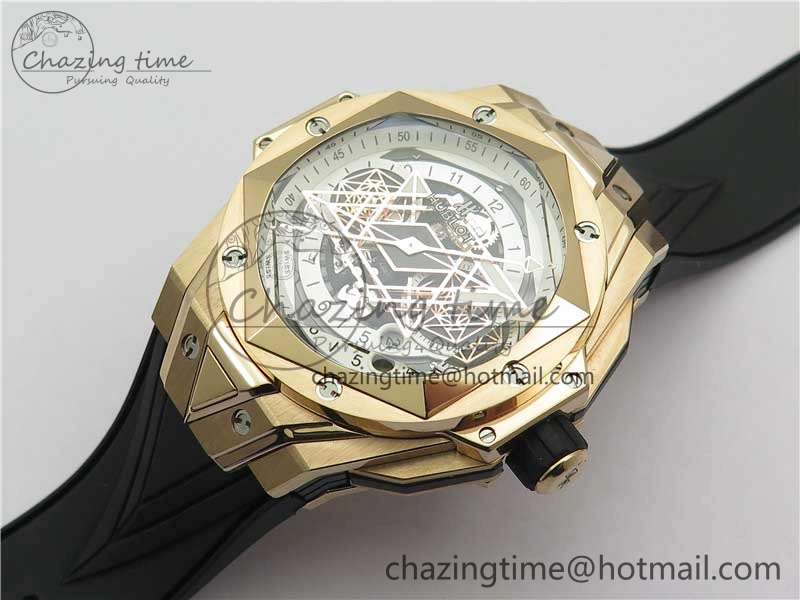 Big Bang Sang Bleu Chrono RG B50 White Skeletonal Dial On Rubber Strap Asian 7750