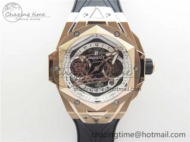 Big Bang Sang Bleu Chrono RG B50 White Skeletonal Dial On Rubber Strap Asian 7750