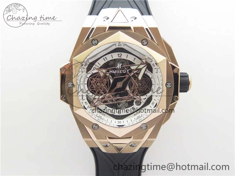 Big Bang Sang Bleu Chrono RG B50 White Skeletonal Dial On Rubber Strap Asian 7750