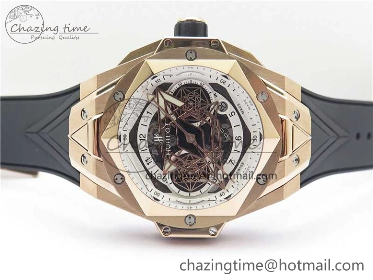 Big Bang Sang Bleu Chrono RG B50 White Skeletonal Dial On Rubber Strap Asian 7750