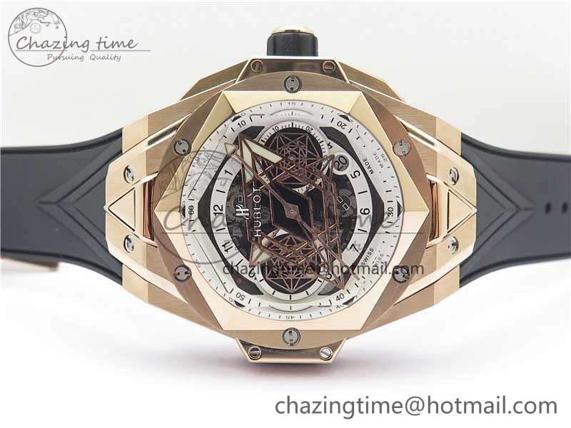 Big Bang Sang Bleu Chrono RG B50 White Skeletonal Dial On Rubber Strap Asian 7750