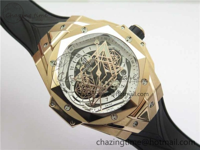 Big Bang Sang Bleu Chrono RG B50 White Skeletonal Dial On Rubber Strap Asian 7750