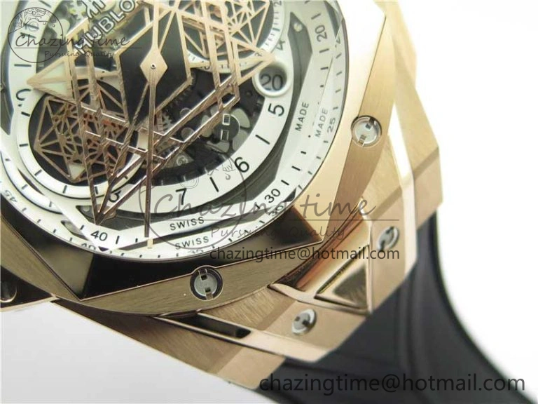 Big Bang Sang Bleu Chrono RG B50 White Skeletonal Dial On Rubber Strap Asian 7750