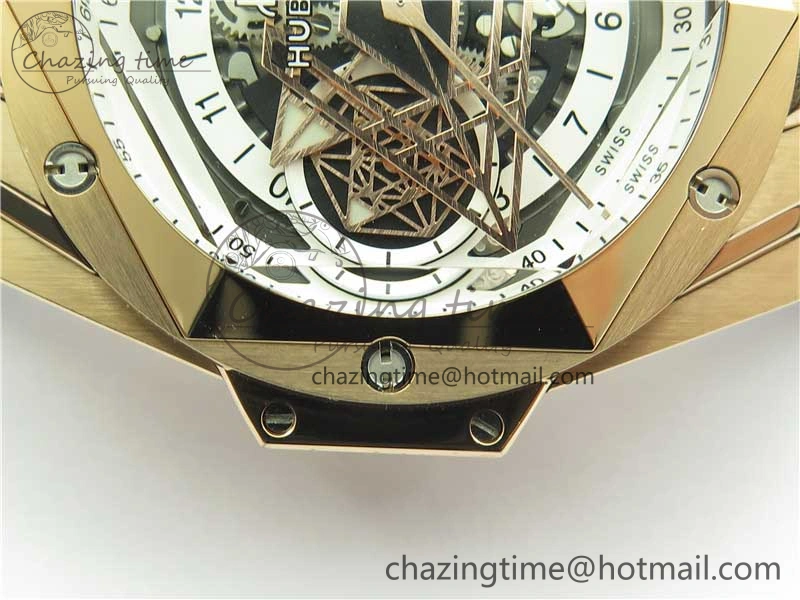 Big Bang Sang Bleu Chrono RG B50 White Skeletonal Dial On Rubber Strap Asian 7750