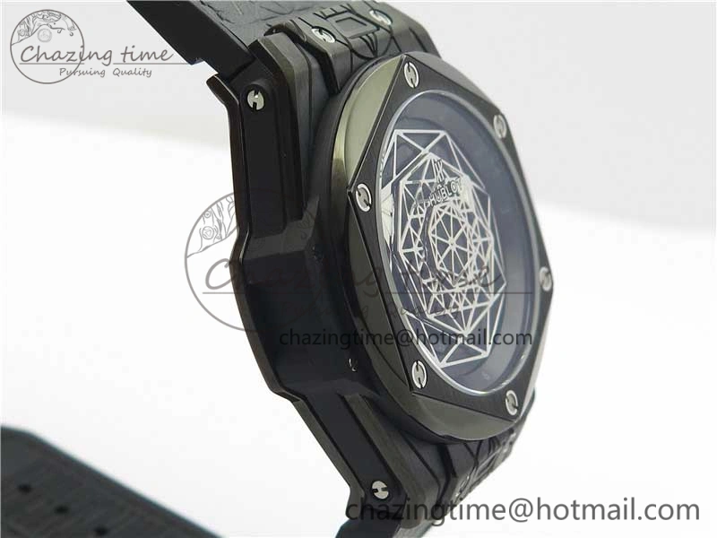 Big Bang Sang Bleu DLC Ti WWF 1:1 Best Edition Black Skeletonal Dial On Black Gummy Strap Asian HB1213