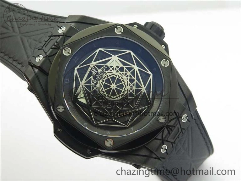 Big Bang Sang Bleu DLC Ti WWF 1:1 Best Edition Black Skeletonal Dial On Black Gummy Strap Asian HB1213