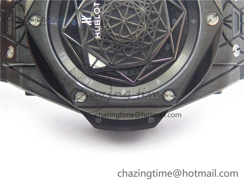 Big Bang Sang Bleu DLC Ti WWF 1:1 Best Edition Black Skeletonal Dial On Black Gummy Strap Asian HB1213