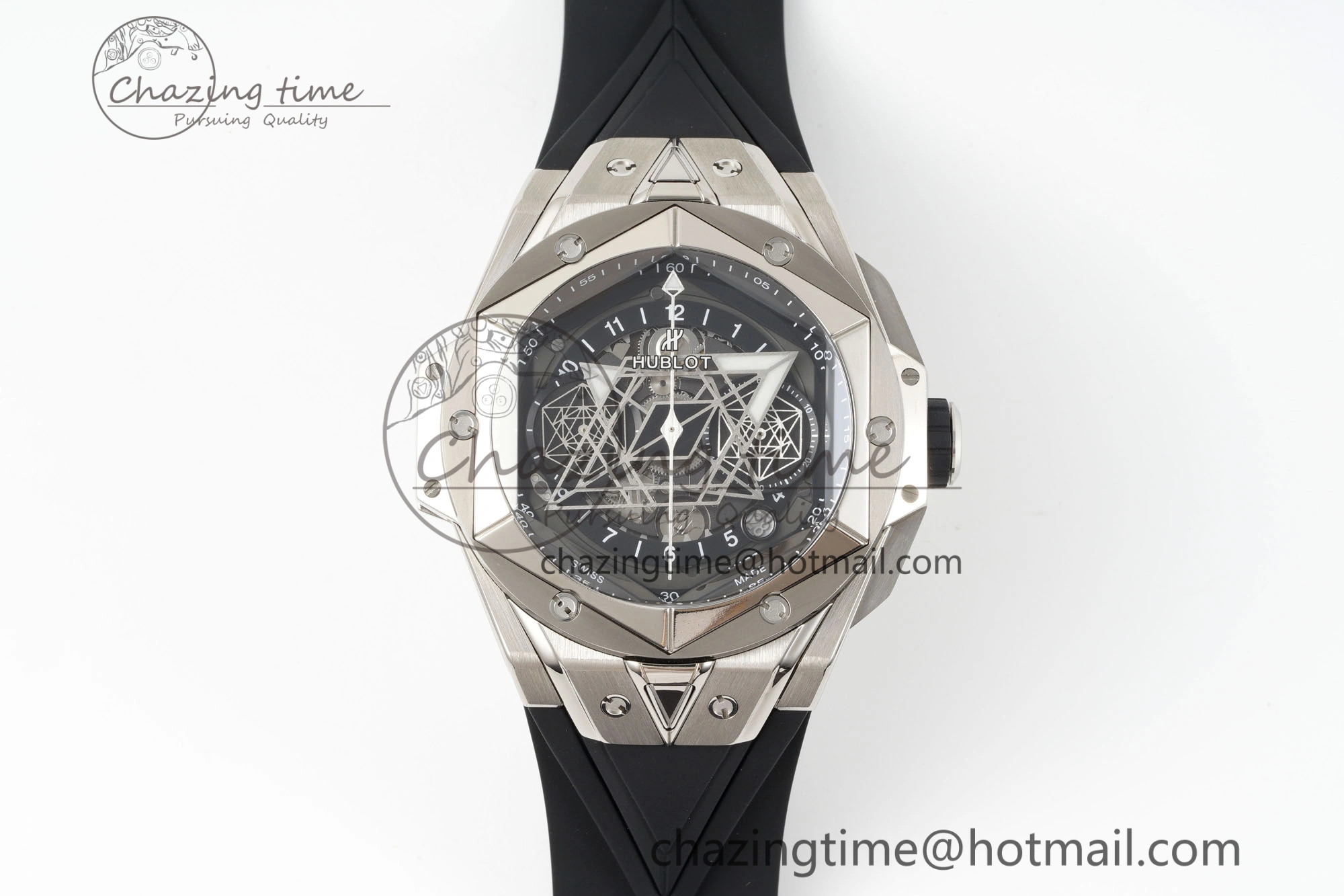 Big Bang Sang Bleu II Chrono SS BBF Best Edition Black Dial on Black Gummy Strap A7750