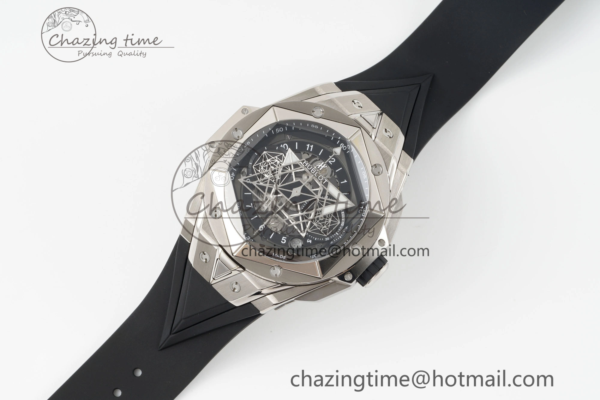 Big Bang Sang Bleu II Chrono SS BBF Best Edition Black Dial on Black Gummy Strap A7750
