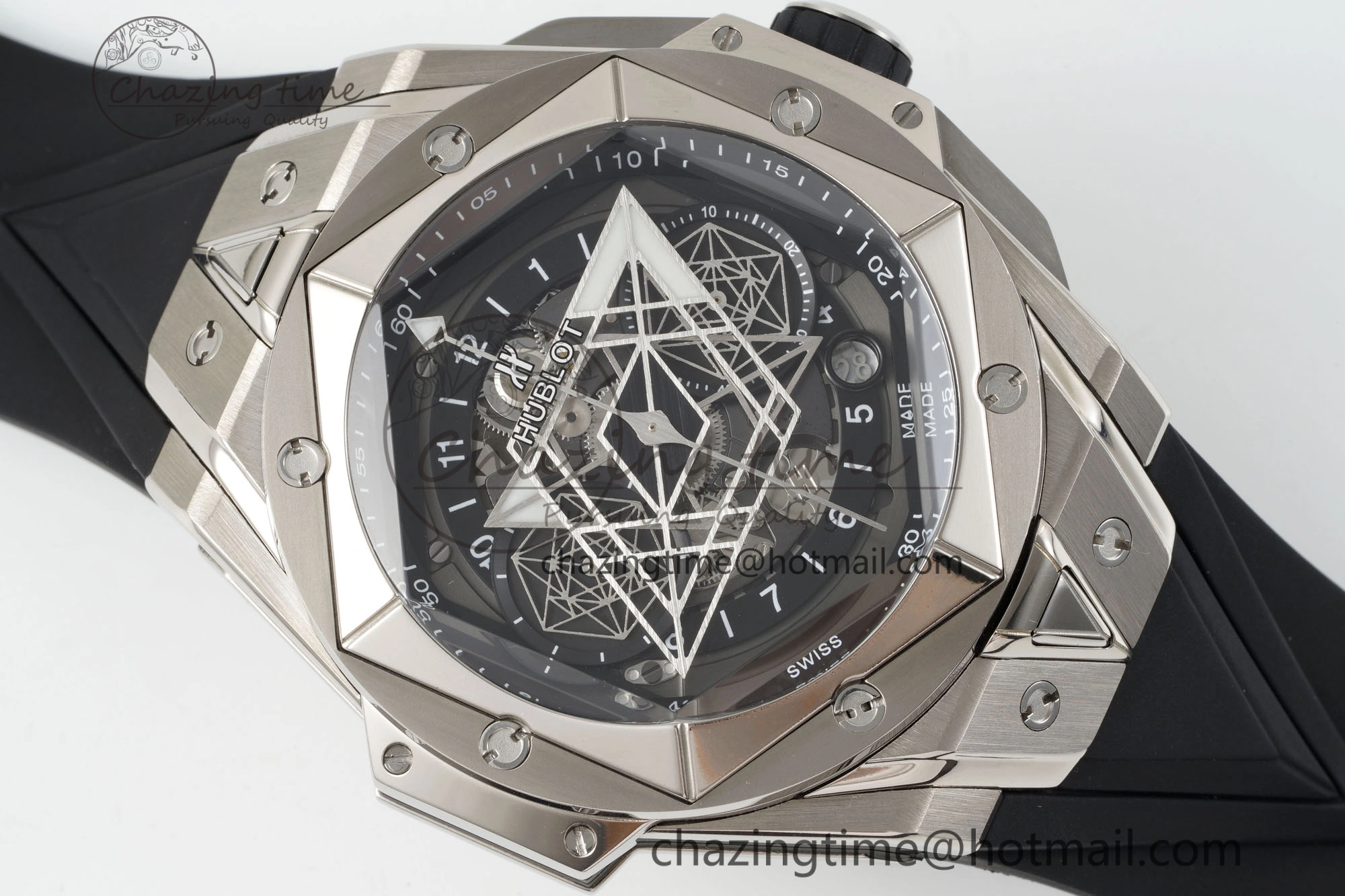 Big Bang Sang Bleu II Chrono SS BBF Best Edition Black Dial on Black Gummy Strap A7750