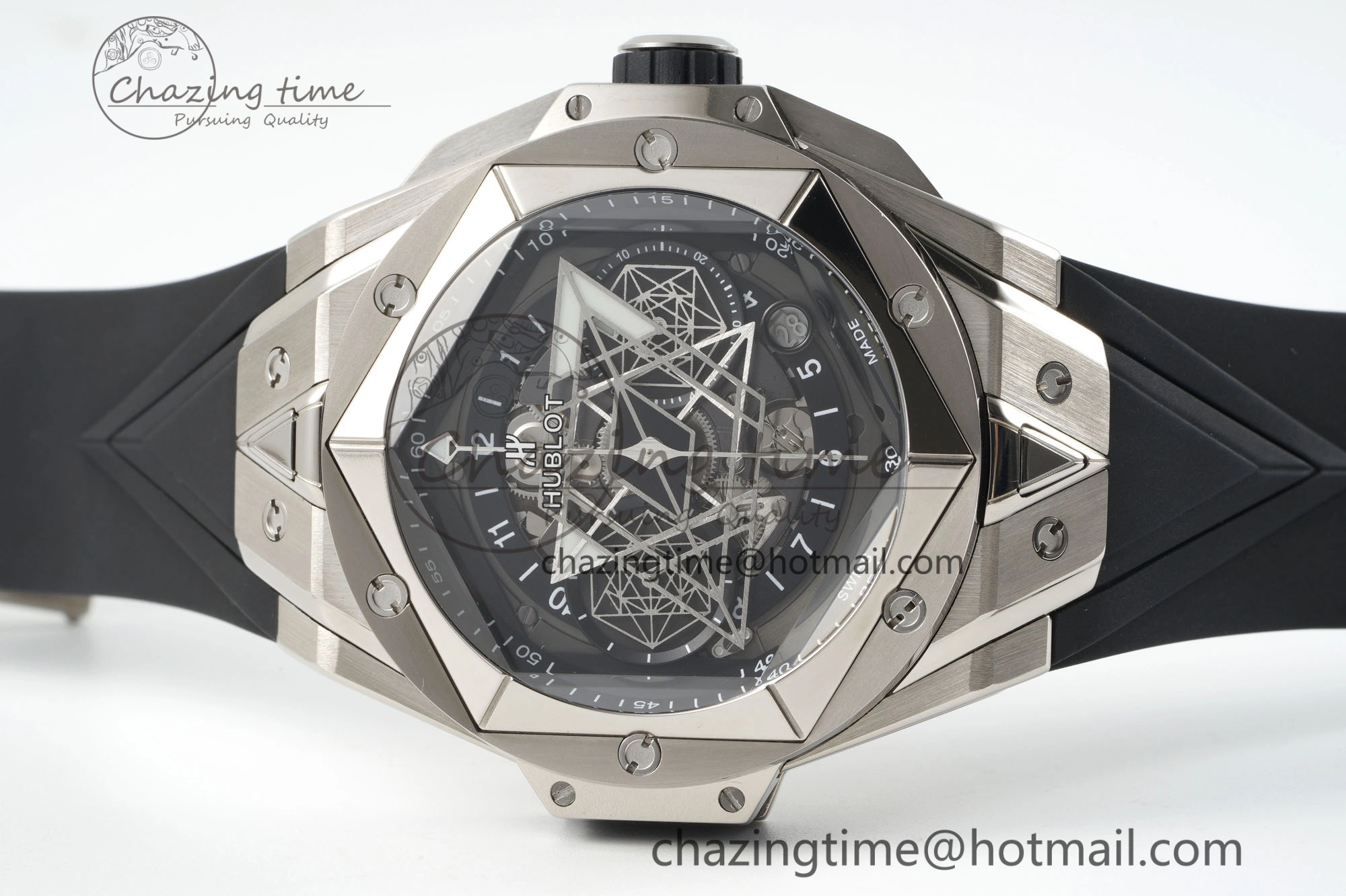 Big Bang Sang Bleu II Chrono SS BBF Best Edition Black Dial on Black Gummy Strap A7750