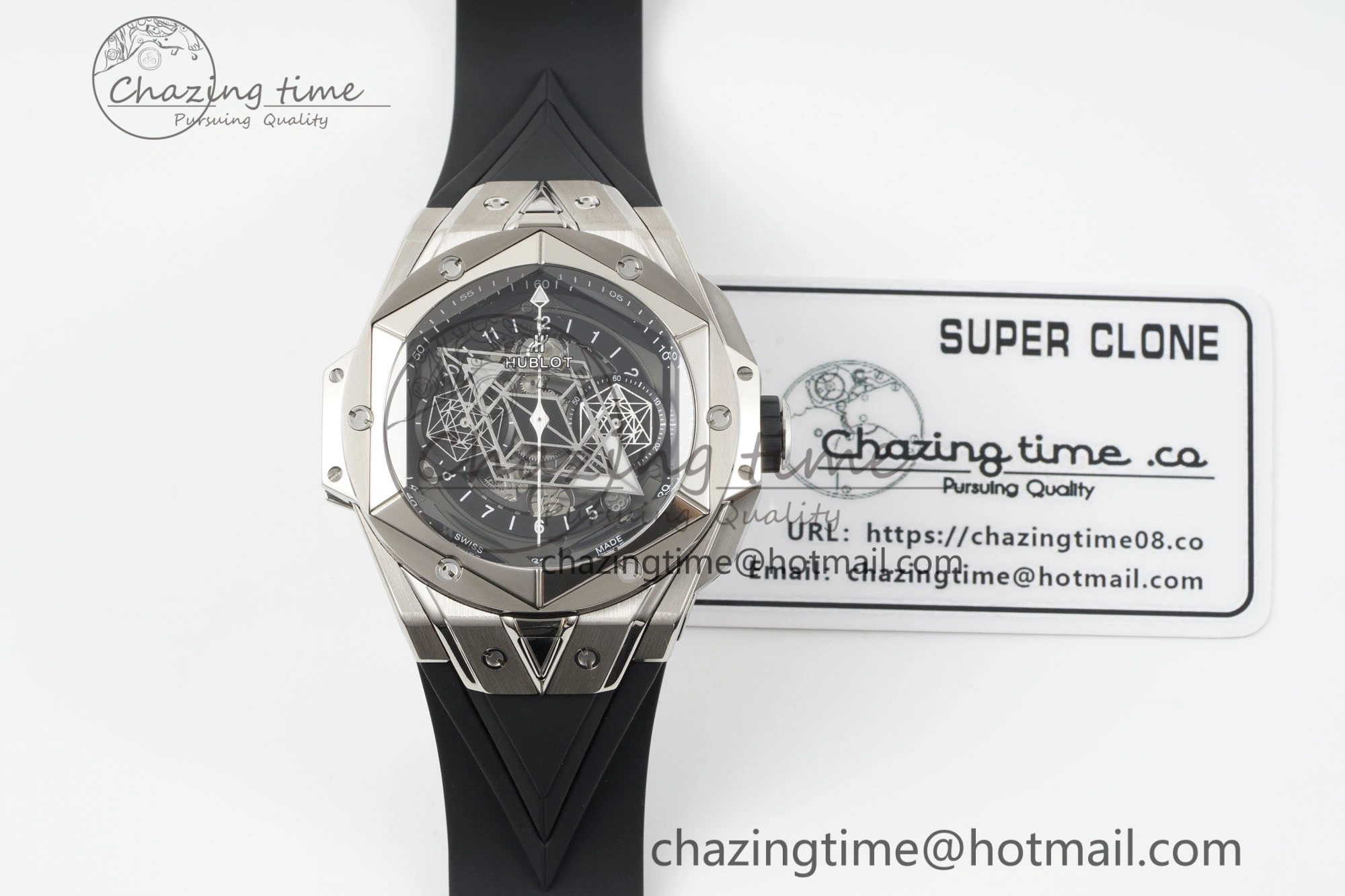 Big Bang Sang Bleu II Chrono SS BBF Best Edition Black Dial on Black Gummy Strap A7750