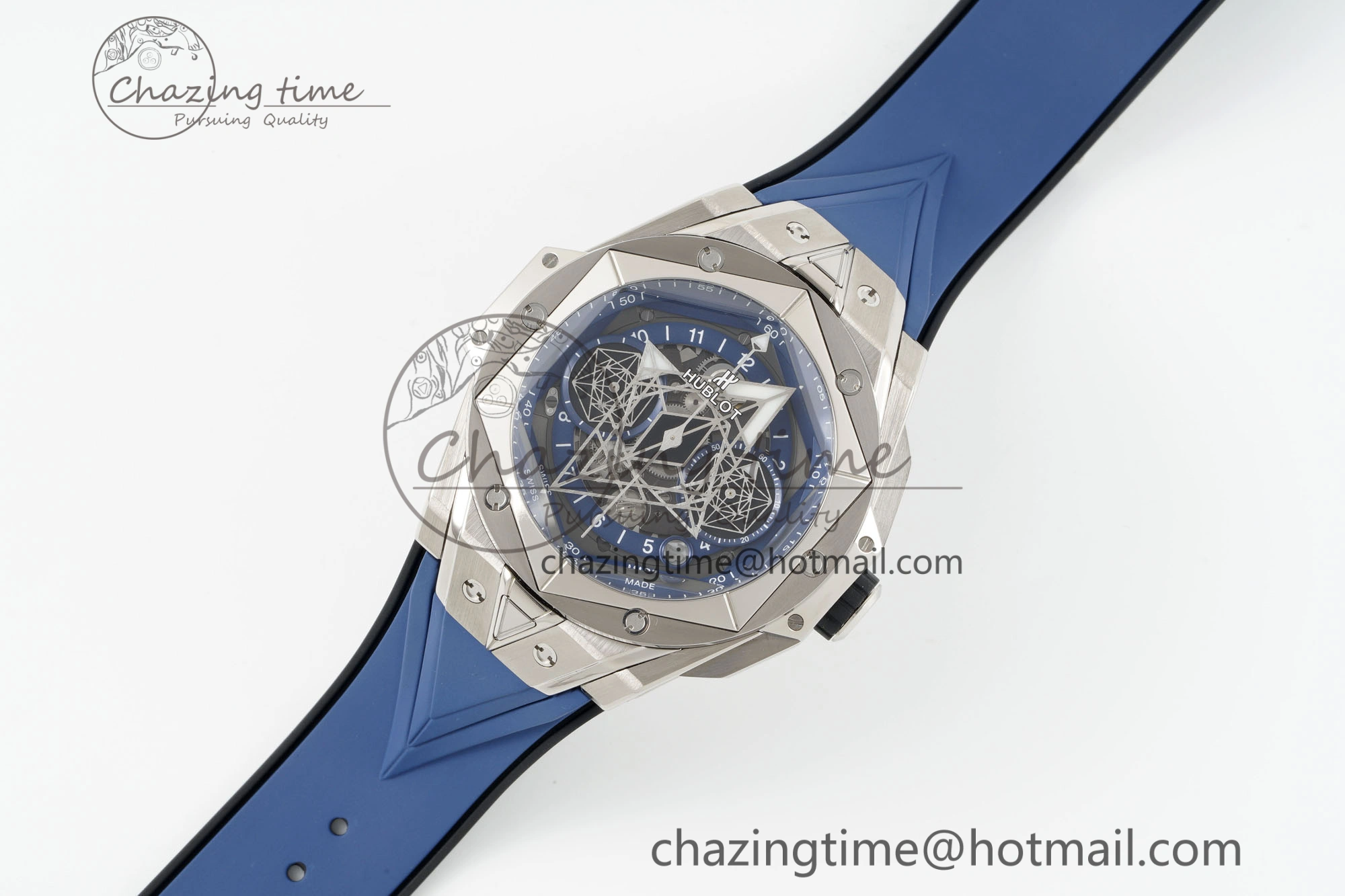 Big Bang Sang Bleu II Chrono SS BBF Best Edition Blue Dial on Blue Gummy Strap A7750