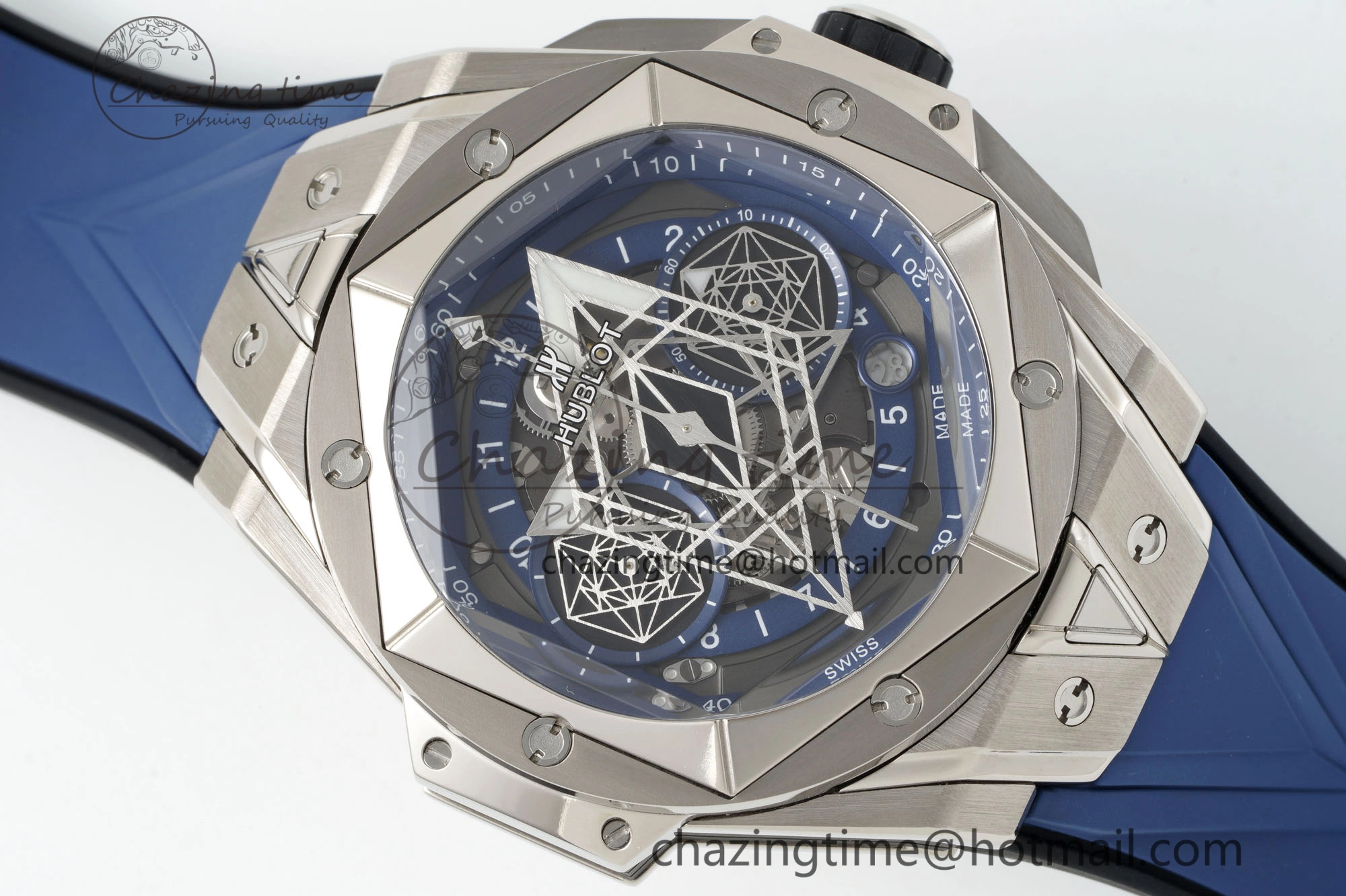 Big Bang Sang Bleu II Chrono SS BBF Best Edition Blue Dial on Blue Gummy Strap A7750