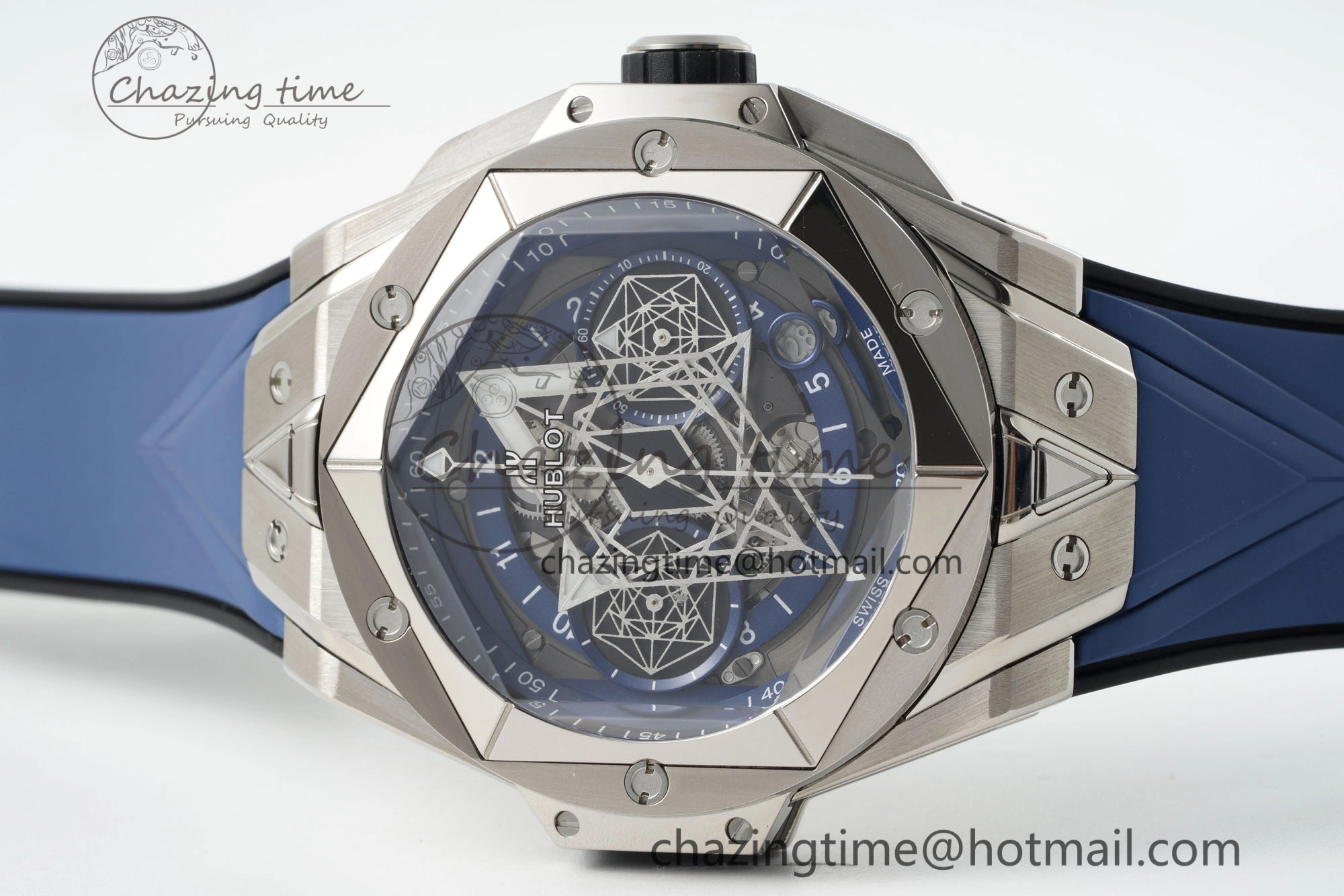 Big Bang Sang Bleu II Chrono SS BBF Best Edition Blue Dial on Blue Gummy Strap A7750