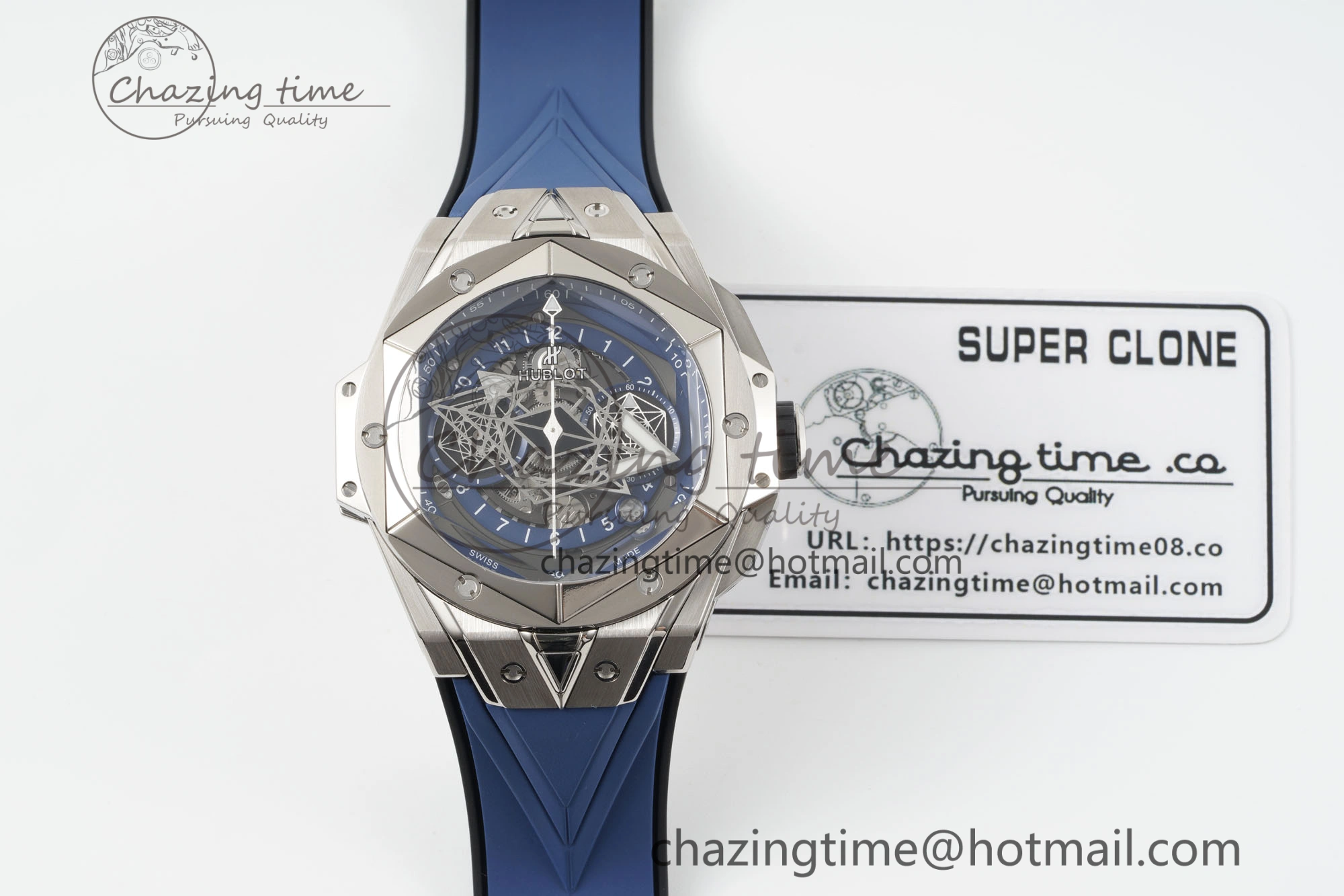 Big Bang Sang Bleu II Chrono SS BBF Best Edition Blue Dial on Blue Gummy Strap A7750