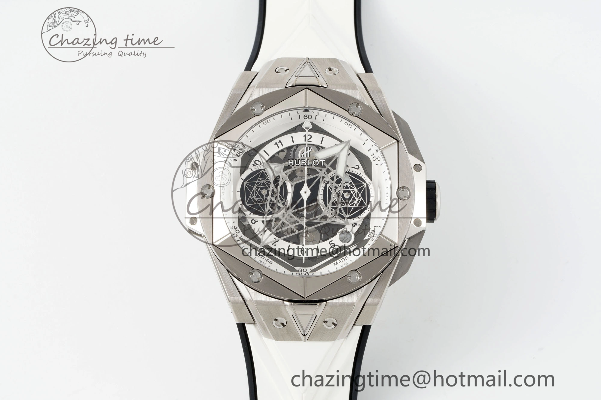 Big Bang Sang Bleu II Chrono SS BBF Best Edition White Dial on White Gummy Strap A7750