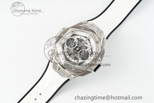 Big Bang Sang Bleu II Chrono SS BBF Best Edition White Dial on White Gummy Strap A7750