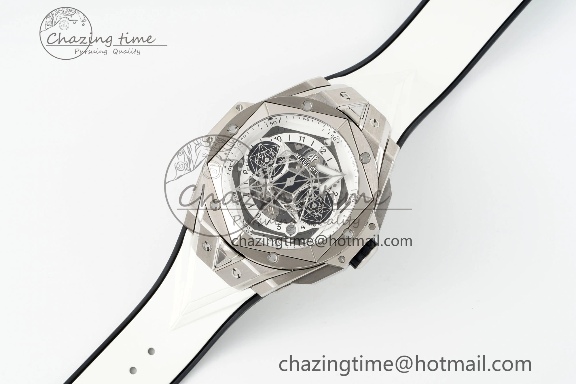 Big Bang Sang Bleu II Chrono SS BBF Best Edition White Dial on White Gummy Strap A7750
